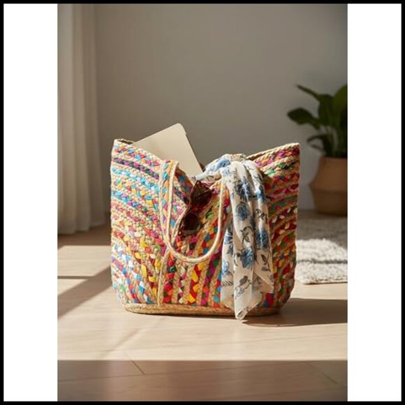 Crochet Raffia Tote Bag, Straw Colorful Beach Bag, Large  Handmade Jute Cotton Boho Beach Tote Shoulder Bag Natural Fiber Woven Multicolor